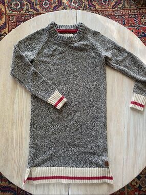 Long Sleeve Marled Gray Knit Dress with Cream & Red Trim